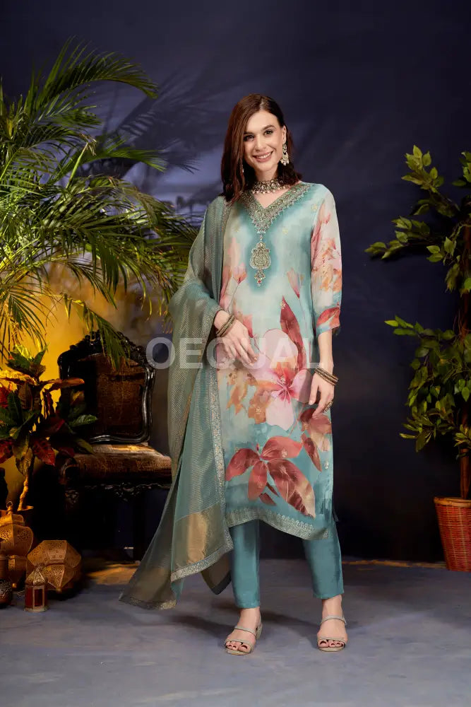 Orgenza Floral Printed Kurta Set With Jacquard Duppata Sets