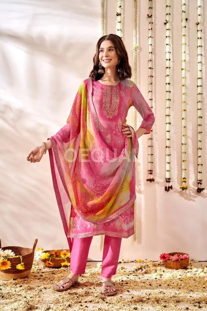 Orgenza Multi Floral Printed Kurta Set With Jacquard Duppata Sets