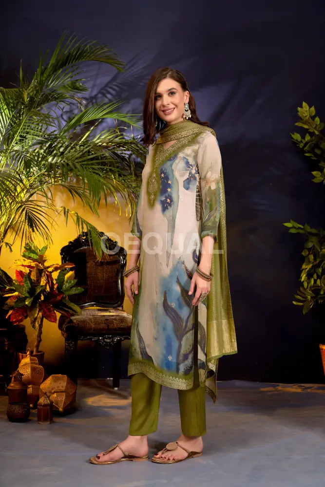 Orgenza Multi Floral Printed Kurta Set With Jacquard Duppata Sets