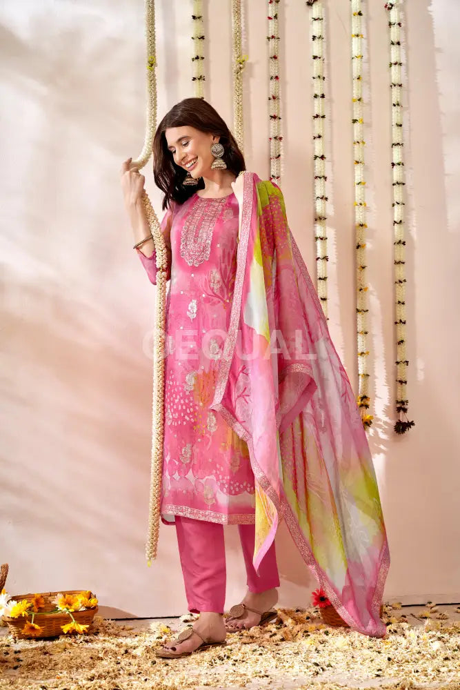 Orgenza Multi Floral Printed Kurta Set With Jacquard Duppata Sets