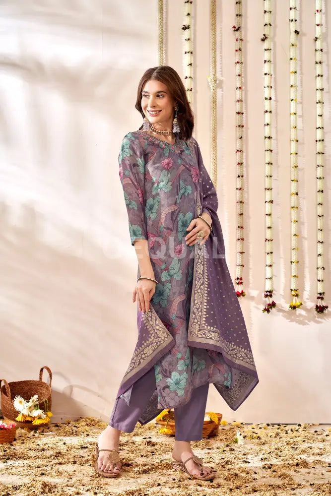 Orgenza Simmer Floral Printed Kurta Set With Jacquard Duppata Sets