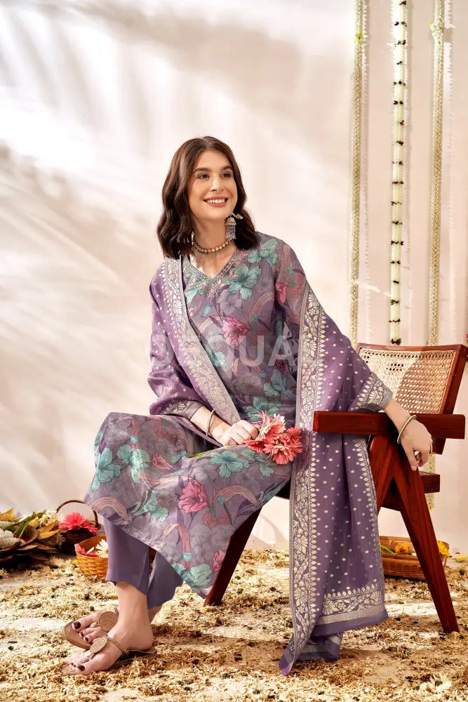 Orgenza Simmer Floral Printed Kurta Set With Jacquard Duppata Sets