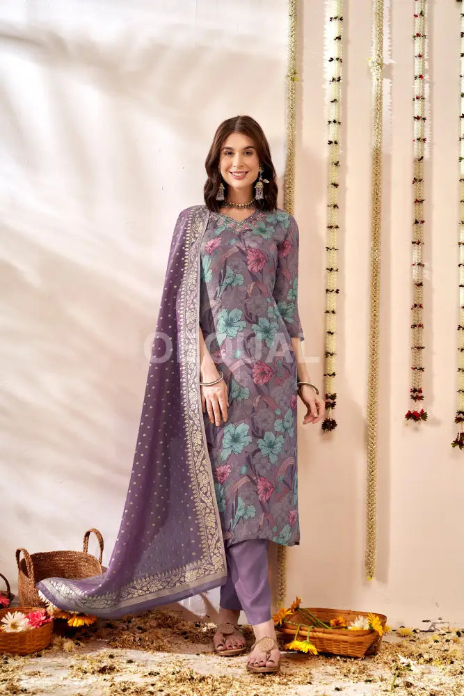 Orgenza Simmer Floral Printed Kurta Set With Jacquard Duppata Sets