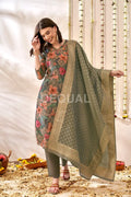 Orgenza Simmer Gray Floral Printed Kurta Set With Jacquard Duppata Sets