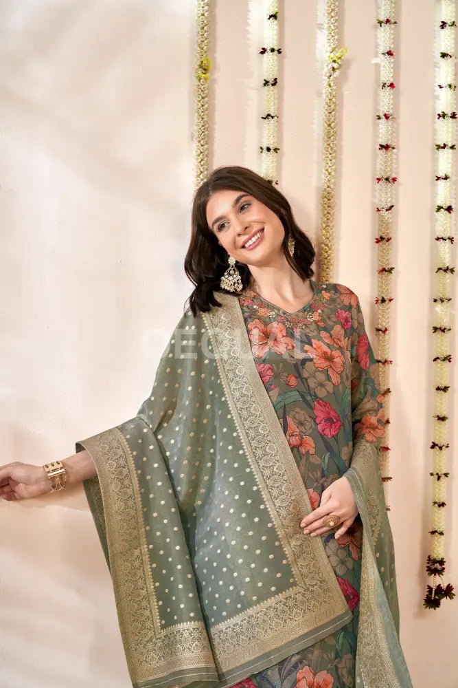 Orgenza Simmer Gray Floral Printed Kurta Set With Jacquard Duppata Sets