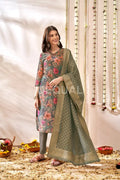 Orgenza Simmer Gray Floral Printed Kurta Set With Jacquard Duppata Sets