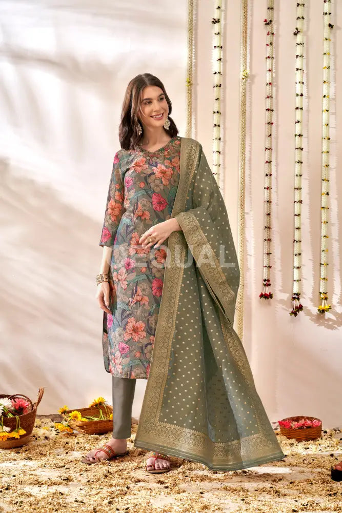 Orgenza Simmer Gray Floral Printed Kurta Set With Jacquard Duppata Sets