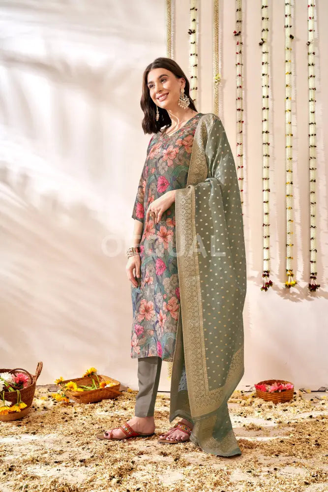 Orgenza Simmer Gray Floral Printed Kurta Set With Jacquard Duppata Sets